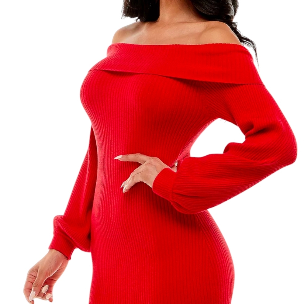 ❤️ Red Bebe Overlay Off-The-Shoulder Balloon Sleeve Ribbed Mini Dress Size S